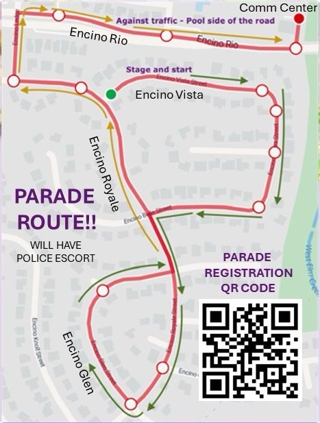 Parade route map through Encino Park — starting at Encino Vista staging area, looping south through Encino Royale and Encino Glen, then north via Encino Rio to the Community Center
